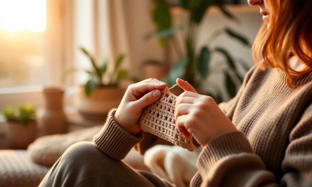 Mulher relaxada crochetando em casa com luz natural ao entardecer