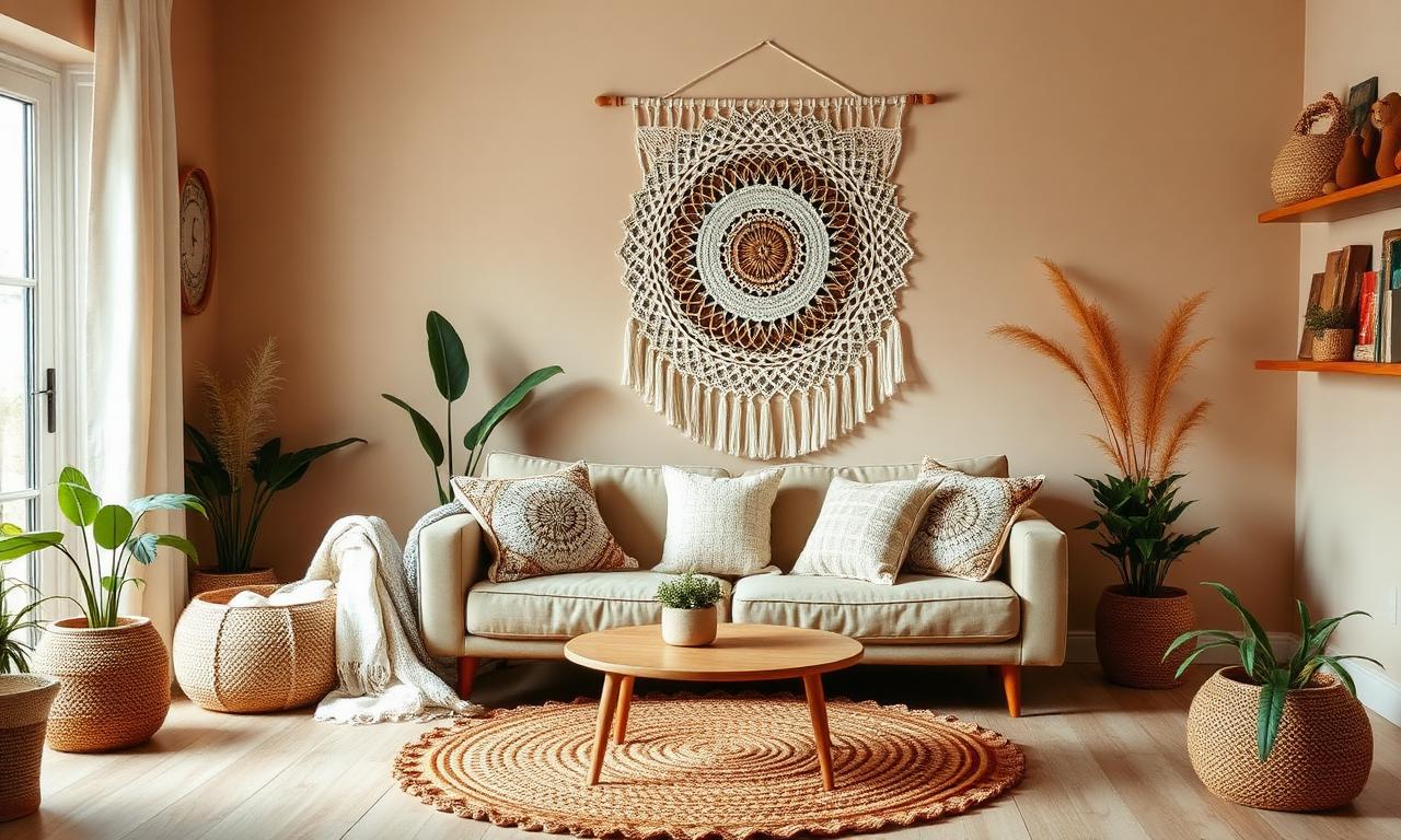 Sala boho com mandala de crochê na parede, tapete redondo e almofadas